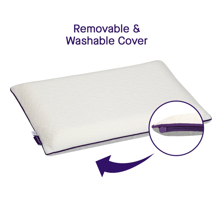 Clevamama ClevaFoam Toddler Pillow with removable and washable cover – breathable, hypoallergenic memory foam pillow designed for toddlers. Features a soft, supportive ClevaFoam® core with a zippered, machine-washable cover for easy cleaning. Ideal for promoting healthy head and neck alignment and comfortable toddler sleep.