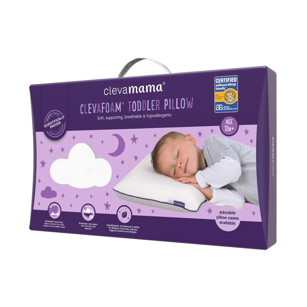 Clevamama ClevaFoam® Toddler Pillow packaging – hypoallergenic, breathable, and supportive memory foam pillow for toddlers aged 12 months and up, designed to prevent flat head syndrome and promote safe, comfortable sleep. Certified asthma and allergy-friendly baby pillow with soft removable cover for nursery use.