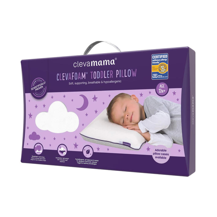 Clevamama ClevaFoam® Toddler Pillow packaging – hypoallergenic, breathable, and supportive memory foam pillow for toddlers aged 12 months and up, designed to prevent flat head syndrome and promote safe, comfortable sleep. Certified asthma and allergy-friendly baby pillow with soft removable cover for nursery use.