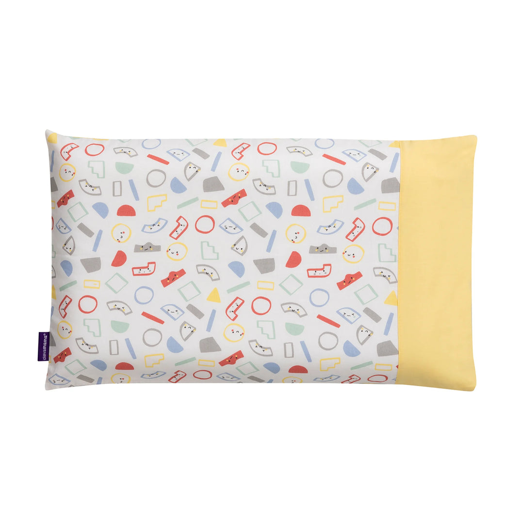 ClevaMama ClevaFoam Toddler Pillow with yellow and grey pillowcase – breathable, hypoallergenic baby pillow with removable cotton cover featuring fun geometric print. Designed to support toddler’s head and neck for safe, comfortable sleep.