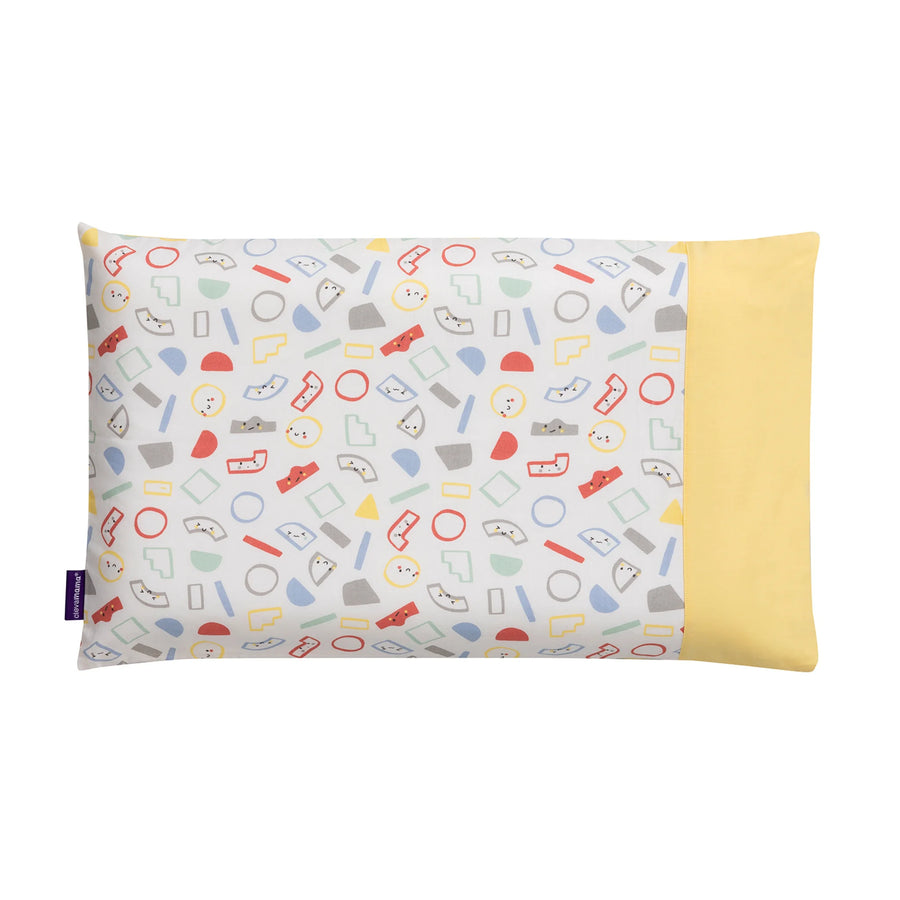 ClevaMama ClevaFoam Toddler Pillow with yellow and grey pillowcase – breathable, hypoallergenic baby pillow with removable cotton cover featuring fun geometric print. Designed to support toddler’s head and neck for safe, comfortable sleep.