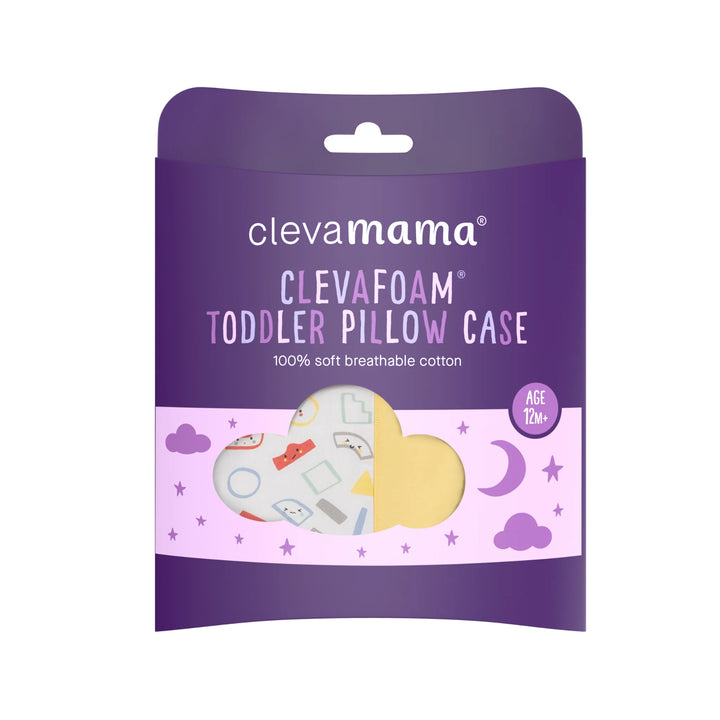 ClevaMama ClevaFoam Toddler Pillow Case Yellow and Grey packaging – 100% soft breathable cotton cover designed for ClevaFoam toddler pillow, suitable for ages 12 months and up. Hypoallergenic, machine-washable pillowcase for comfortable and safe toddler sleep