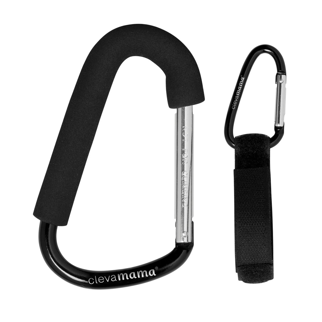 ClevaMama ClevaHooks stroller clips, showing black carabiner hooks with foam grip and strap attachment on a white background.