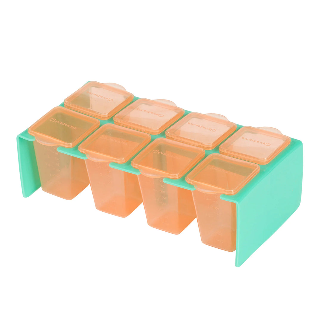ClevaMama ClevaPortions baby food storage containers with lids and teal tray (closed)