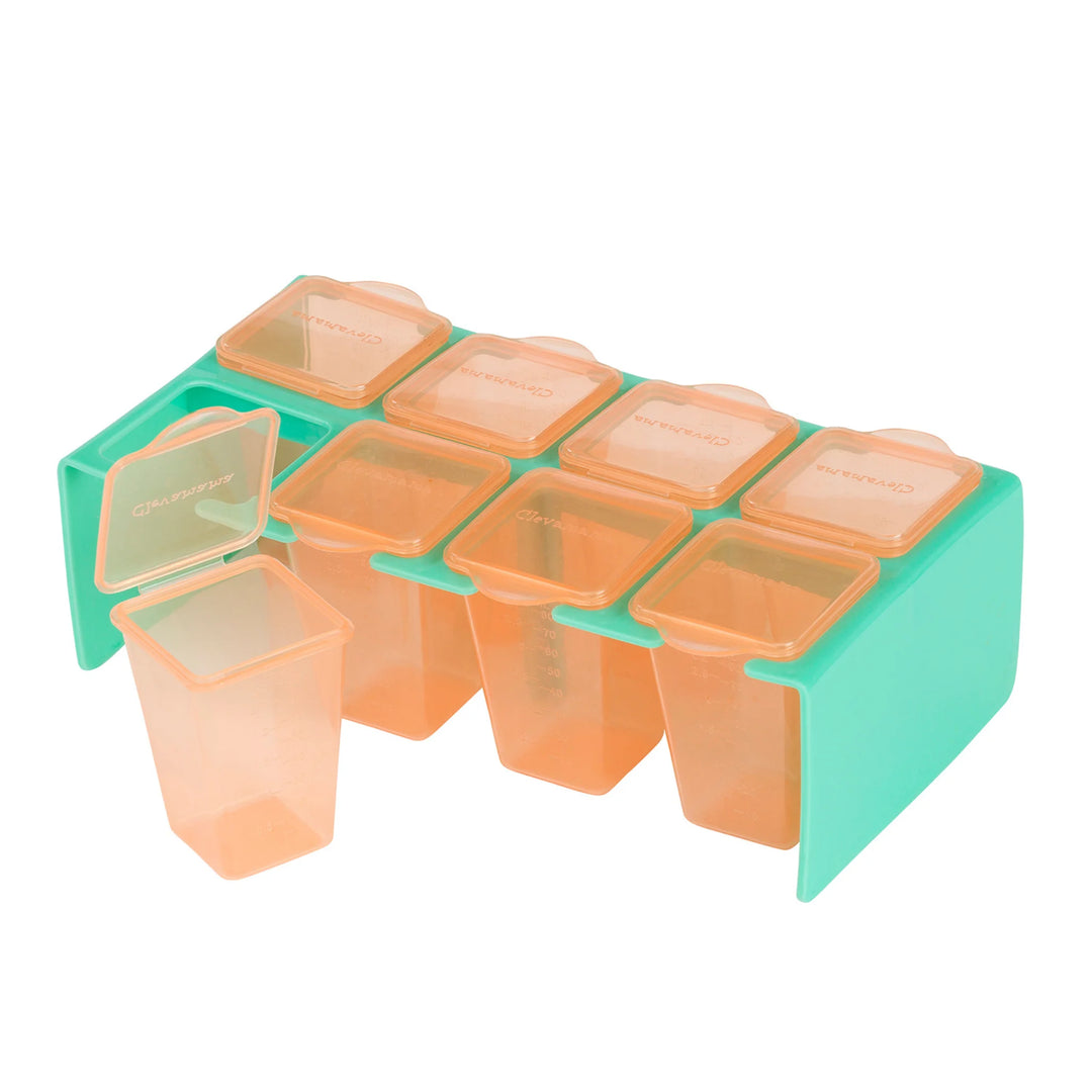 ClevaMama ClevaPortions baby food storage containers with lids and teal tray (empty, one open)