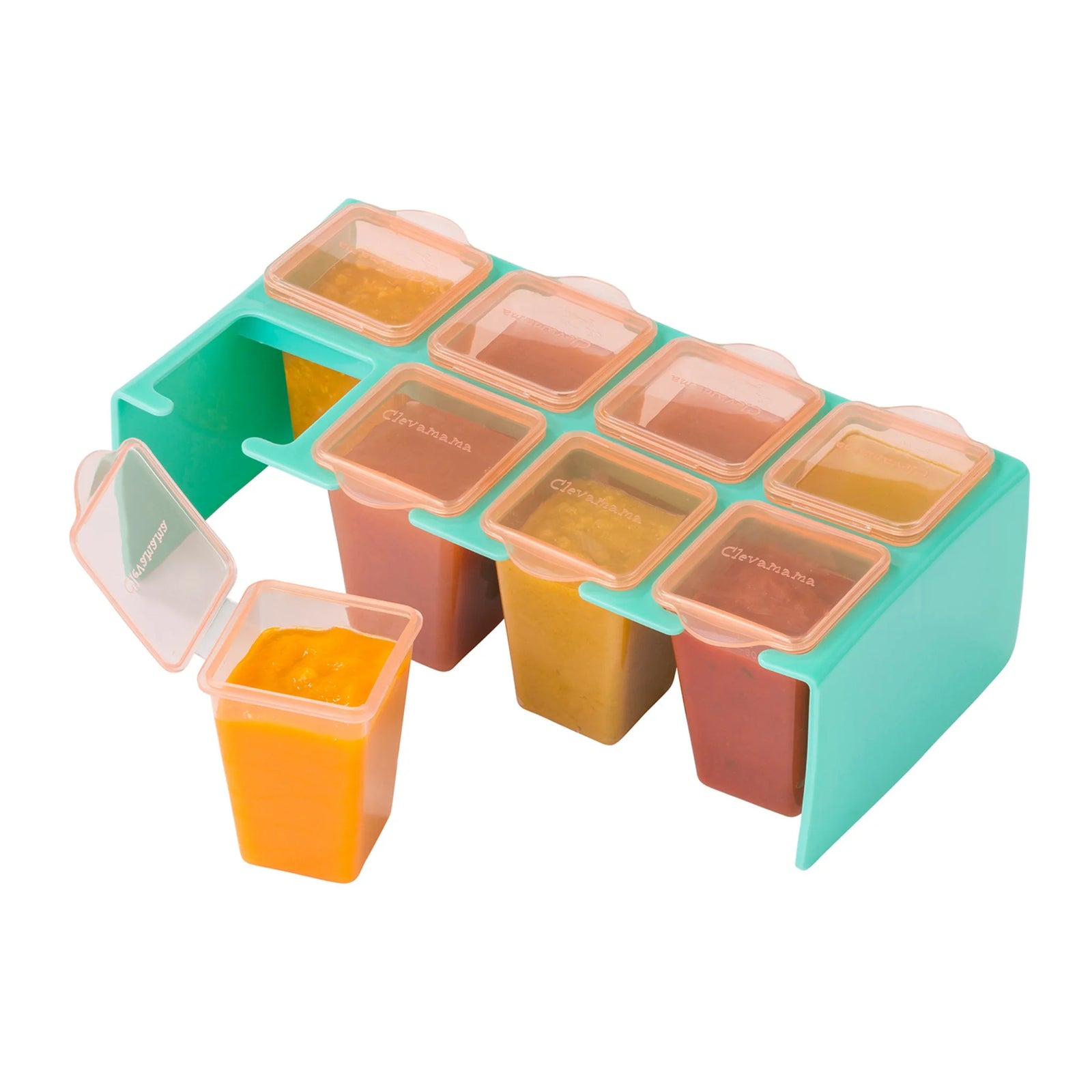 ClevaMama ClevaPortions baby food storage containers with teal tray and lids