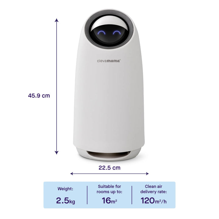 ClevaMama ClevaPure Air Purifier with medical-grade HEPA H13 filter — compact 45.9cm design, 2.5kg weight, 120m³/h clean air delivery rate, ideal for rooms up to 16m² to remove allergens, dust, and bacteria.
