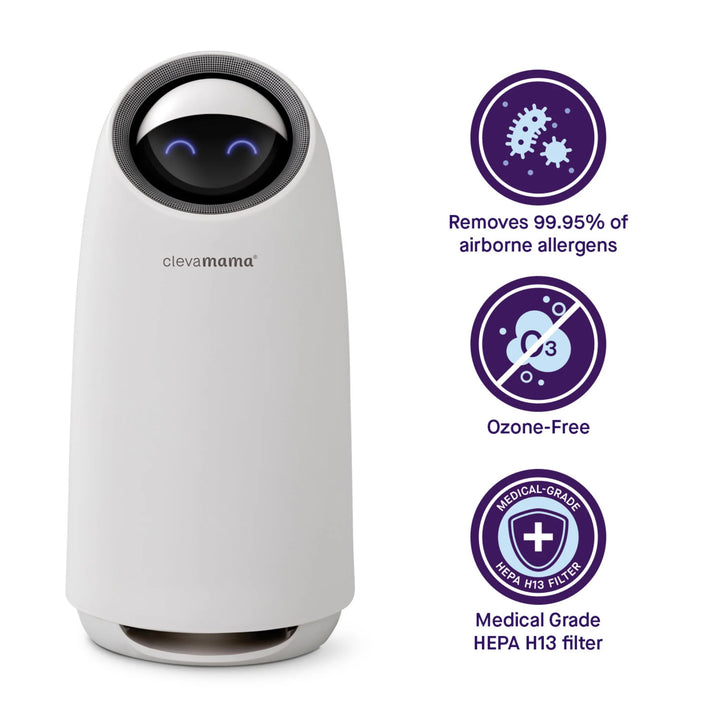 ClevaMama Air Purifier with Medical-Grade HEPA H13 filter for baby nursery — removes 99.95% of airborne allergens, dust, pollen, pet dander, and bacteria. Ozone-free air cleaner designed for safe, clean indoor air in baby rooms and family homes.