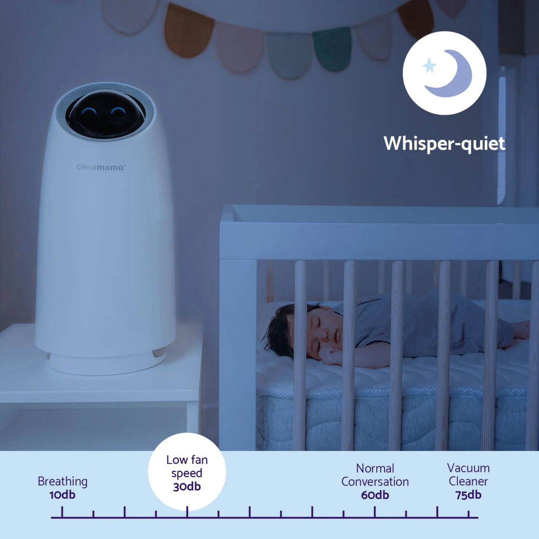 ClevaMama whisper-quiet air purifier for baby nursery — operates at low 30dB fan speed, ideal for peaceful sleep and clean air in baby’s room