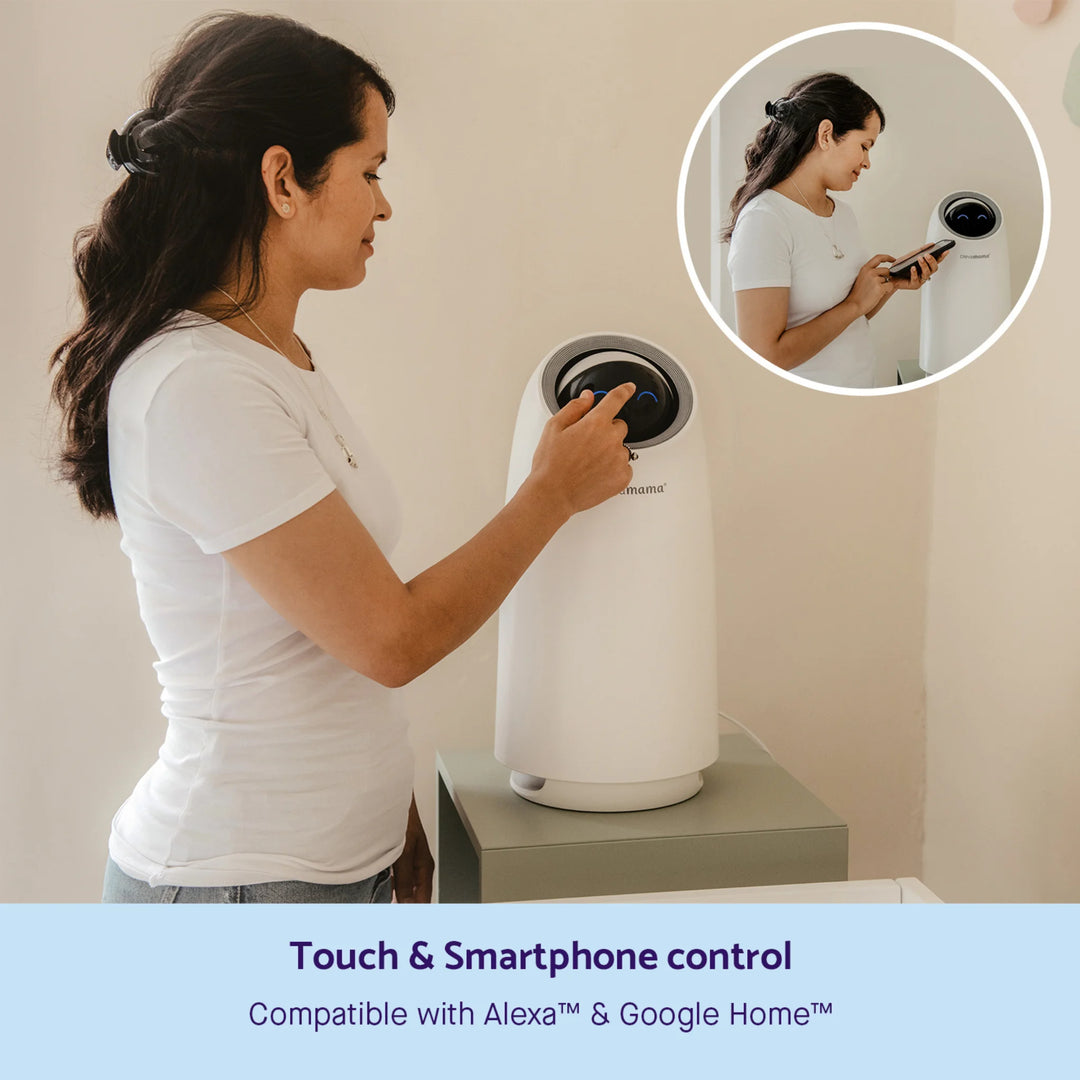 ClevaPure Air Purifier by ClevaMama with touch and smartphone control — compatible with Alexa and Google Home for smart, hands-free operation and easy air quality management.
