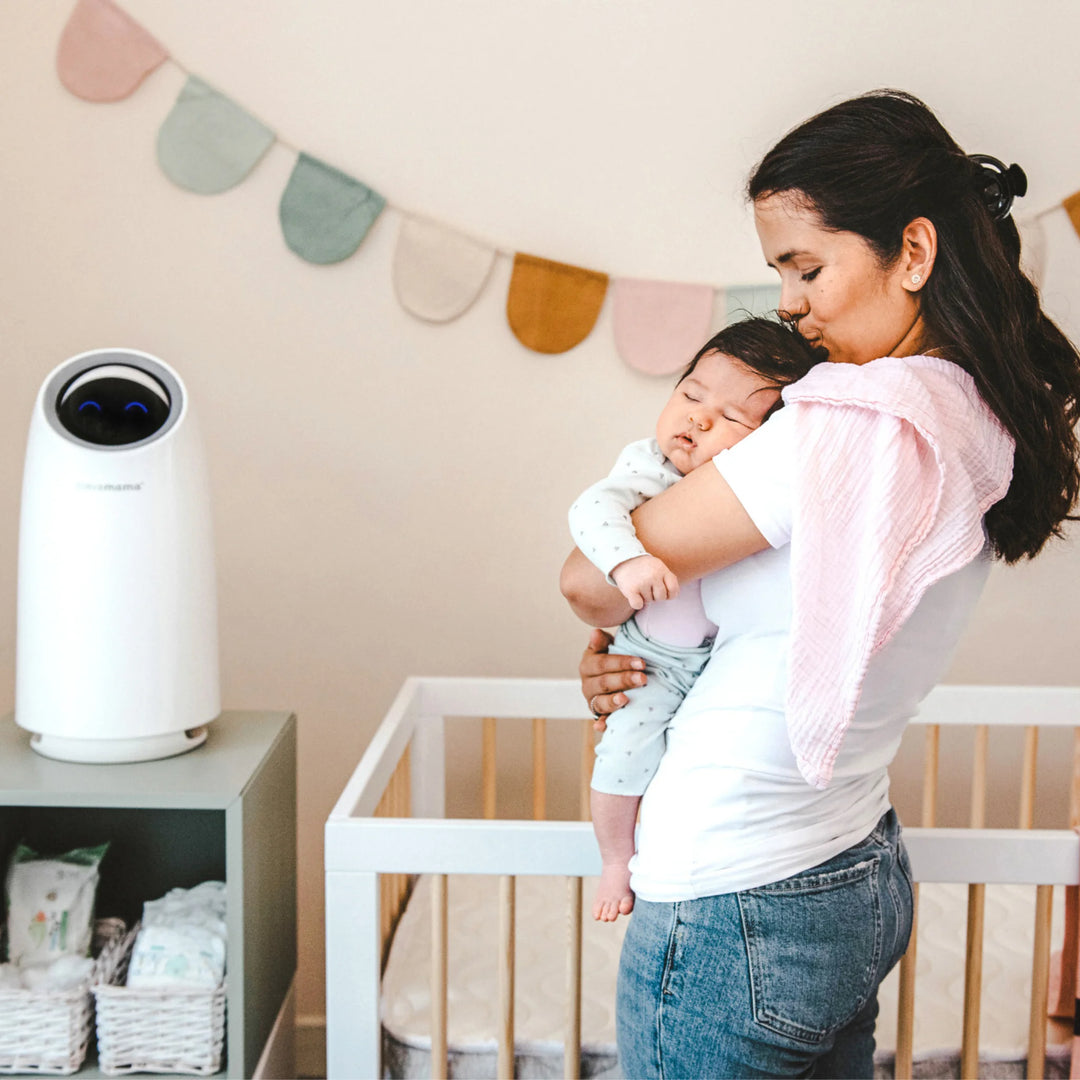ClevaPure Air Purifier by ClevaMama in baby nursery — providing clean, allergen-free air for healthier sleep. Medical-grade HEPA H13 filter removes 99.95% of airborne particles, dust, pollen, and bacteria.