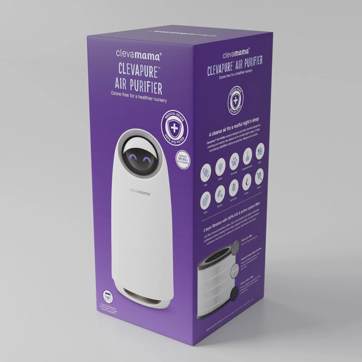 ClevaMama ClevaPure Air Purifier product box — medical-grade HEPA H13 filter removes 99.95% of airborne allergens, dust, pollen, bacteria, and odours. Ozone-free design for a cleaner, healthier nursery environment.