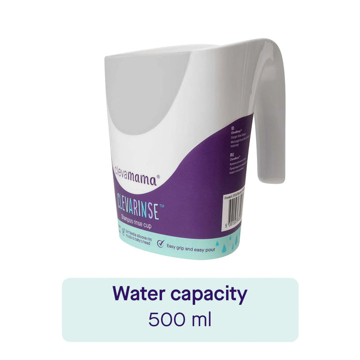 ClevaMama ClevaRinse shampoo rinse cup with handle and purple label, showing 500 ml water capacity on a white background.