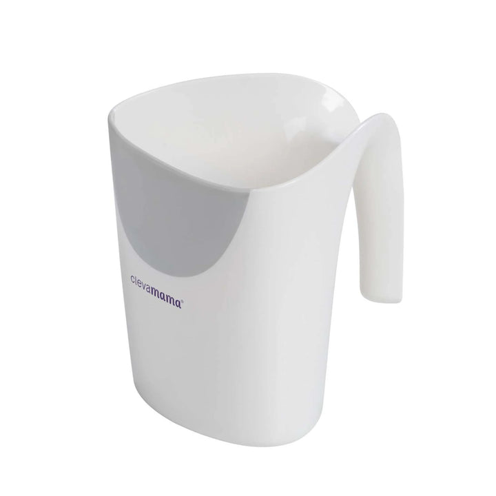 ClevaMama ClevaRinse shampoo cup with handle, shown in white on a white background.