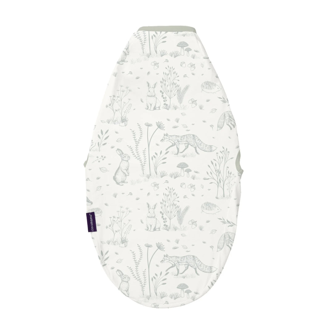 Back view of ClevaMama ClevaSleep Forest Friends swaddle sleeping bag, woodland animal print newborn sleep sack