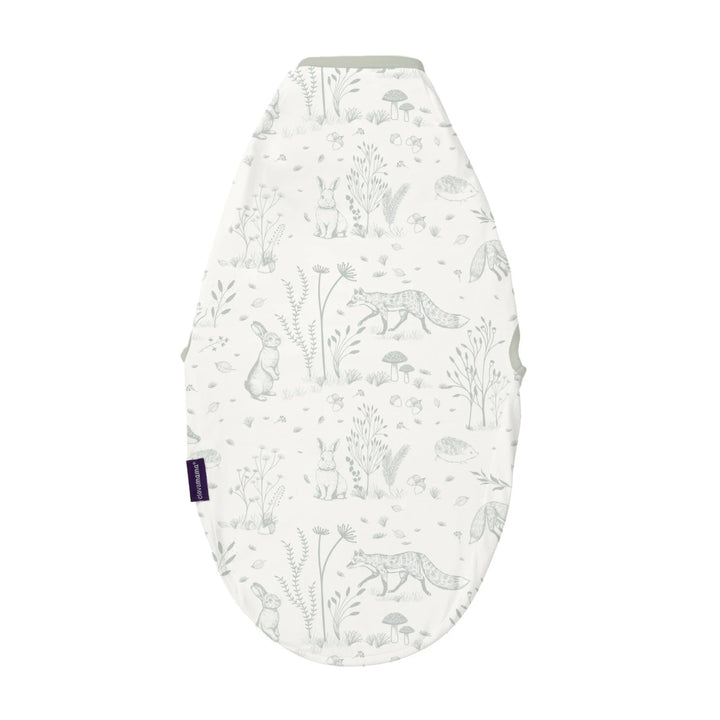 Back view of ClevaMama ClevaSleep Forest Friends swaddle sleeping bag, woodland animal print newborn sleep sack