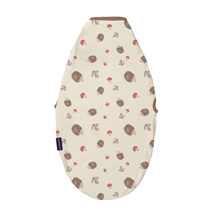 Back view of ClevaMama ClevaSleep swaddle sleeping bag in hedgehog woodland print, cream newborn sleep sack