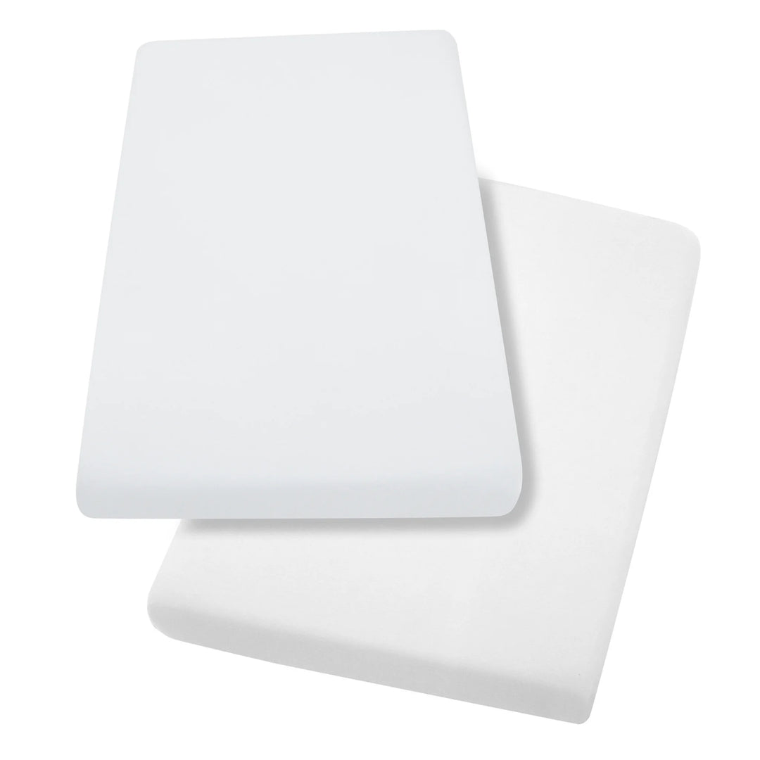 ClevaMama white jersey cotton fitted sheets for cot and cot bed, twin pack, shown flat to display soft, stretchy nursery bedding fabric.