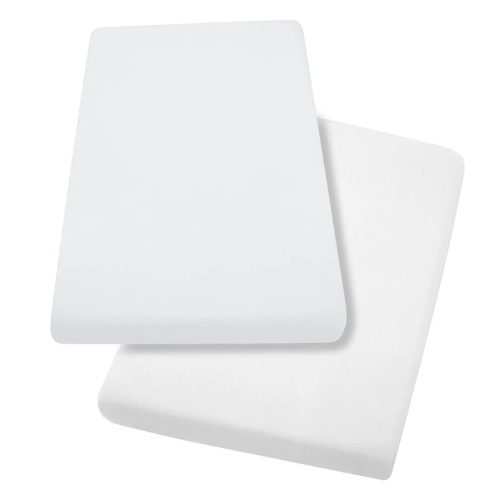 ClevaMama white jersey cotton fitted sheets for cot and cot bed, twin pack, shown flat to display soft, stretchy nursery bedding fabric.