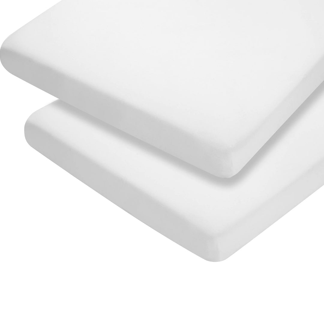 ClevaMama white jersey cotton fitted sheets for cot and cot bed, shown stacked to highlight snug fit and soft, breathable nursery bedding fabric.