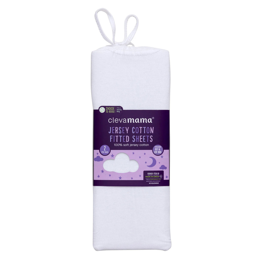 ClevaMama Jersey Cotton Fitted Sheets twin pack for cot and cot bed in white, packaged with purple label showing 100% soft jersey cotton nursery bedding.