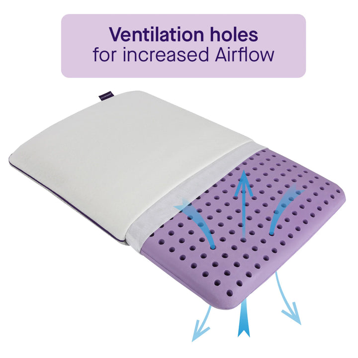 ClevaMama Junior Pillow with the cover partially removed to reveal a purple foam core featuring ventilation holes. Blue arrows illustrate increased airflow through the pillow, with a text label reading ‘Ventilation holes for increased airflow
