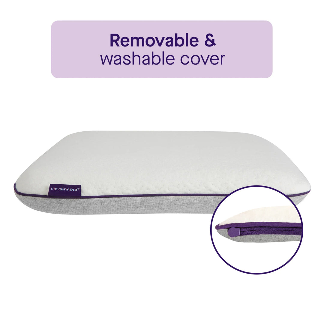 ClevaMama Junior Pillow with a removable, washable cover, shown on a white background. A circular inset highlights the purple zipper on the pillow cover.