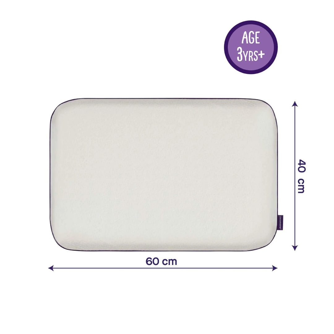 ClevaMama Junior Pillow shown flat on a white background with dimensions marked as 60 cm wide and 40 cm high, and a purple badge indicating it is suitable for ages 3 years and up.