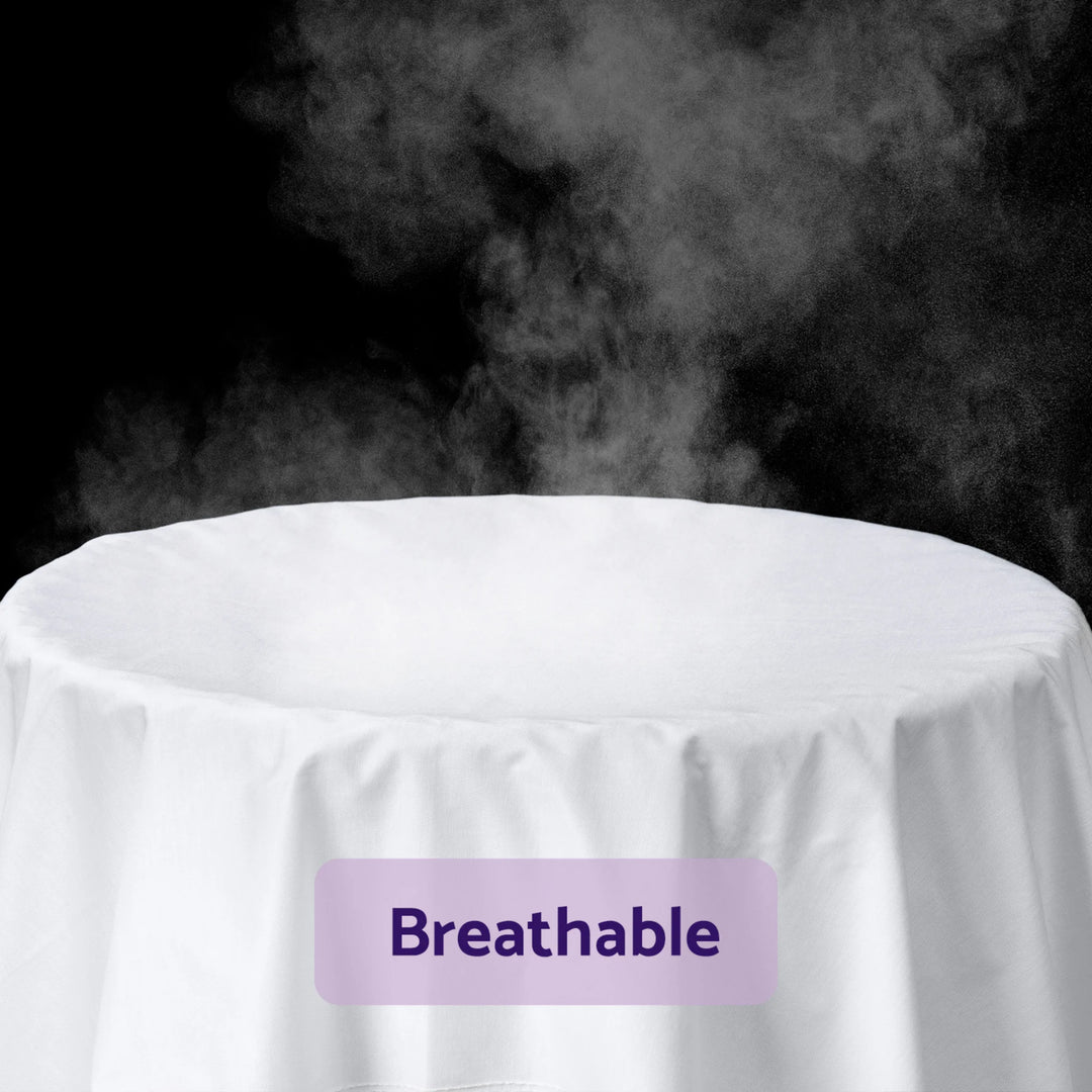 ClevaMama Tencel Fitted Waterproof Mattress Protector breathable feature — demonstrates airflow through the soft Tencel fabric. Shows steam passing through white fabric layer, highlighting breathable, temperature-regulating, and moisture-wicking properties for baby comfort. Premium waterproof and hypoallergenic cot mattress protector.