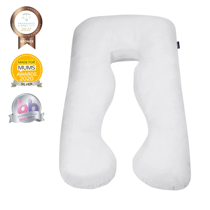 White U-shaped ClevaMama Therapeutic Body & Bump Maternity Pillow displayed on a white background, shown alongside three award badges including Pregnancy & Baby Fair Bronze 2021, Made for Mums Silver 2020, and BizzieBaby Silver.