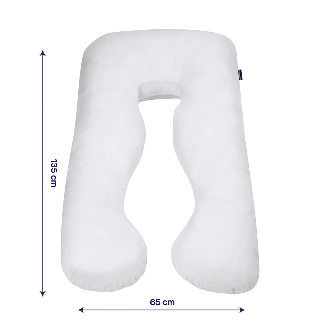 White U-shaped ClevaMama Therapeutic Body & Bump Maternity Pillow shown against a white background with dimensions indicated: 135 cm in length and 65 cm in width