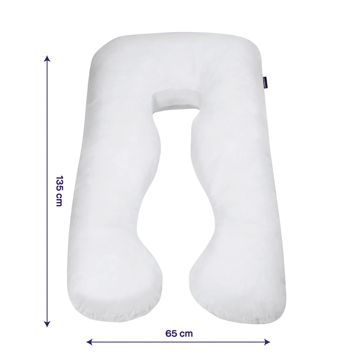 White U-shaped ClevaMama Therapeutic Body & Bump Maternity Pillow shown against a white background with dimensions indicated: 135 cm in length and 65 cm in width