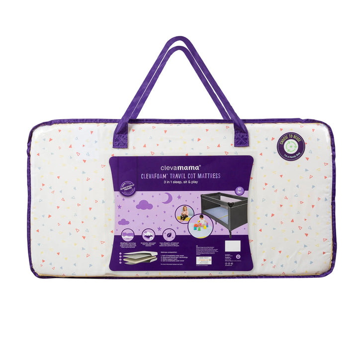 Travel cot mattress with purple handle and ClevaMama packaging on a white background