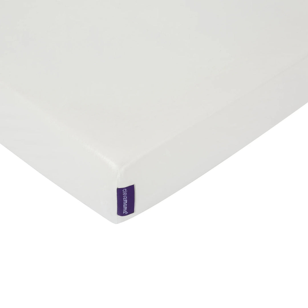 Close-up of Clevamama Waterproof Support Baby Cot Mattress – premium waterproof, hypoallergenic and breathable foam mattress with smooth wipe-clean cover for safe, hygienic, and comfortable infant sleep. Ideal for supporting baby’s posture and promoting healthy spinal alignment, designed to fit standard cots and ensure long-lasting durability.
