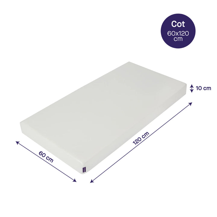 Clevamama Waterproof Support Cot Mattress 60x120 cm – premium hypoallergenic baby mattress with waterproof, breathable cover and supportive foam core for safe, comfortable sleep. Designed to fit standard cots, this durable mattress promotes healthy spinal alignment and is certified asthma and allergy friendly, providing superior hygiene and comfort for babies and toddlers.