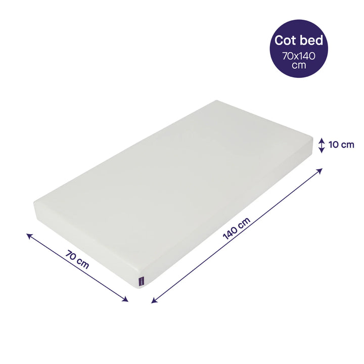 Clevamama Waterproof Support Cot Bed Mattress 70x140 cm – premium waterproof, breathable and hypoallergenic foam baby mattress with firm support for safe sleep. Features durable wipe-clean cover to protect against leaks and spills, ensuring maximum comfort and hygiene for infants and toddlers. Perfect fit for standard cot beds, promoting healthy posture and spinal alignment.