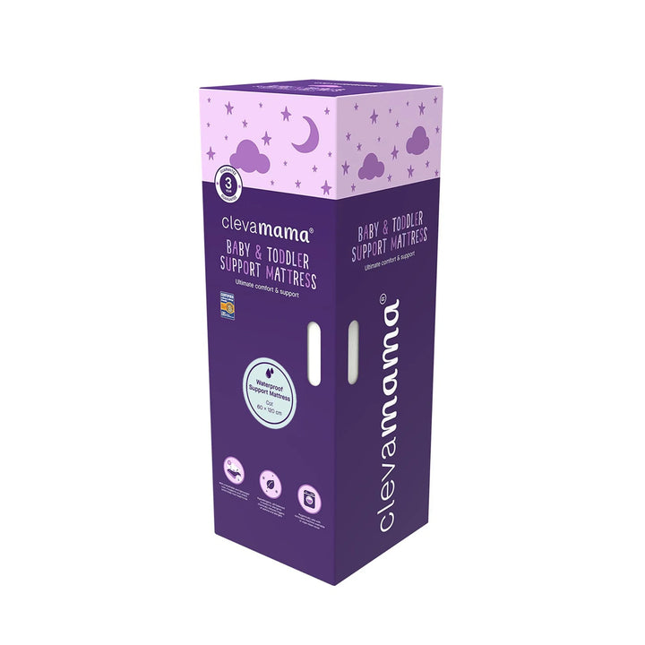 Clevamama Baby & Toddler Waterproof Support Mattress packaging – premium hypoallergenic cot mattress offering firm, breathable, and waterproof protection for safe infant and toddler sleep. Features durable reflex foam core for optimal support, removable waterproof cover for easy cleaning, and allergy-friendly certification. Ideal for cots and cot beds, providing comfort and hygiene for growing babies.