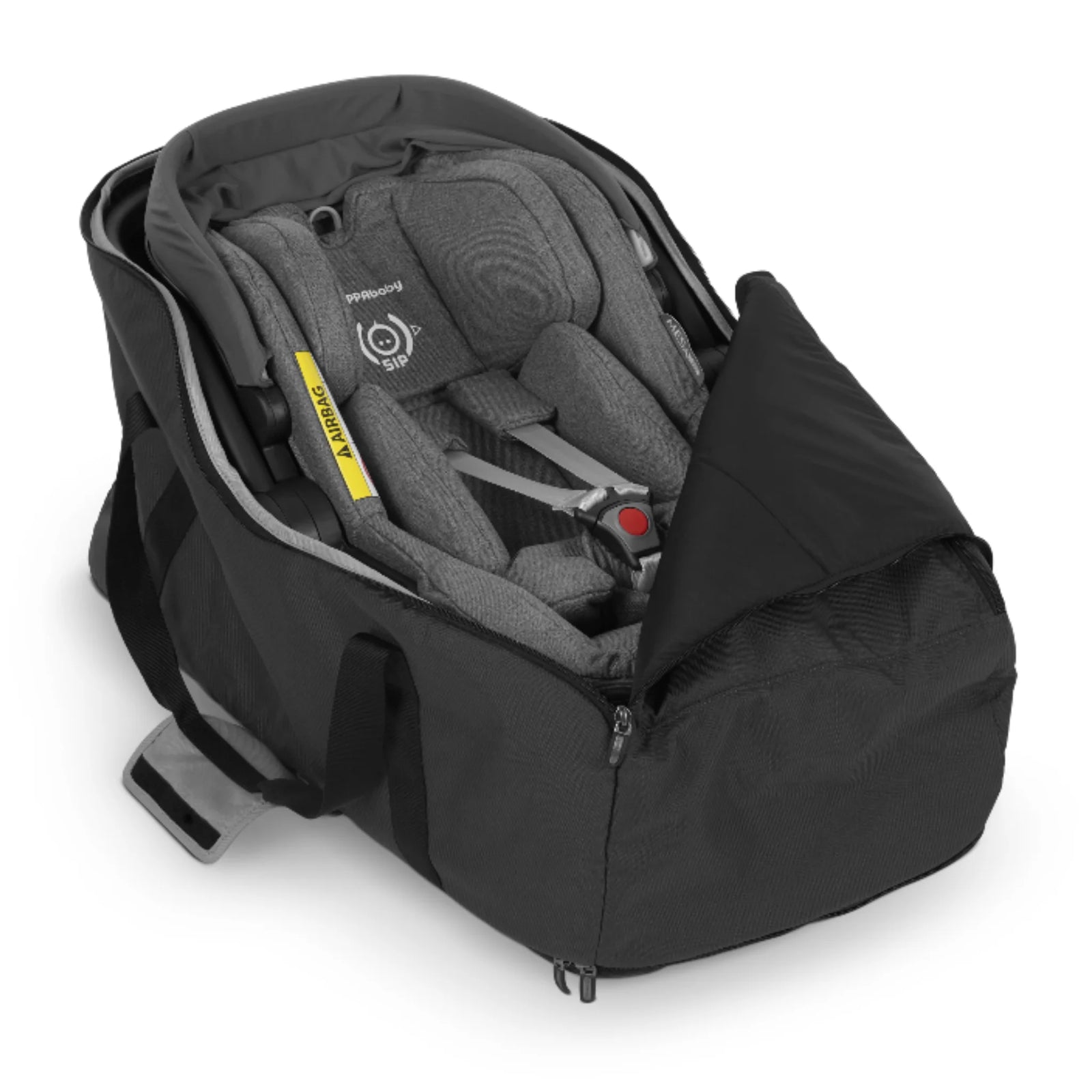 UPPAbaby MESA i-Size car seat travel bag shown open with the infant car seat inside on a white background.