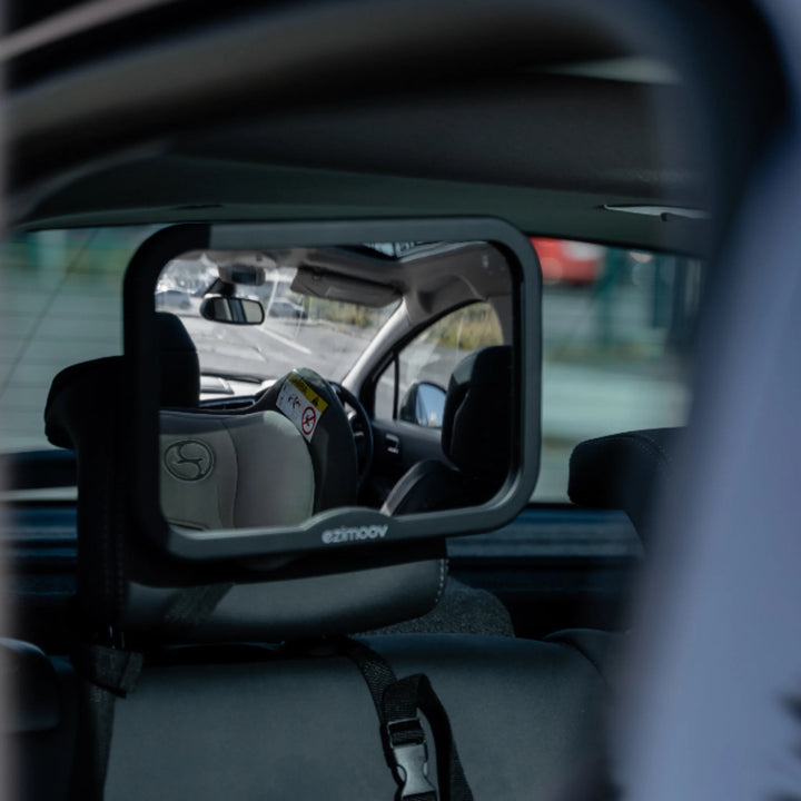 Ezimoov adjustable square back seat car mirror mounted on headrest, reflecting rear-facing car seat