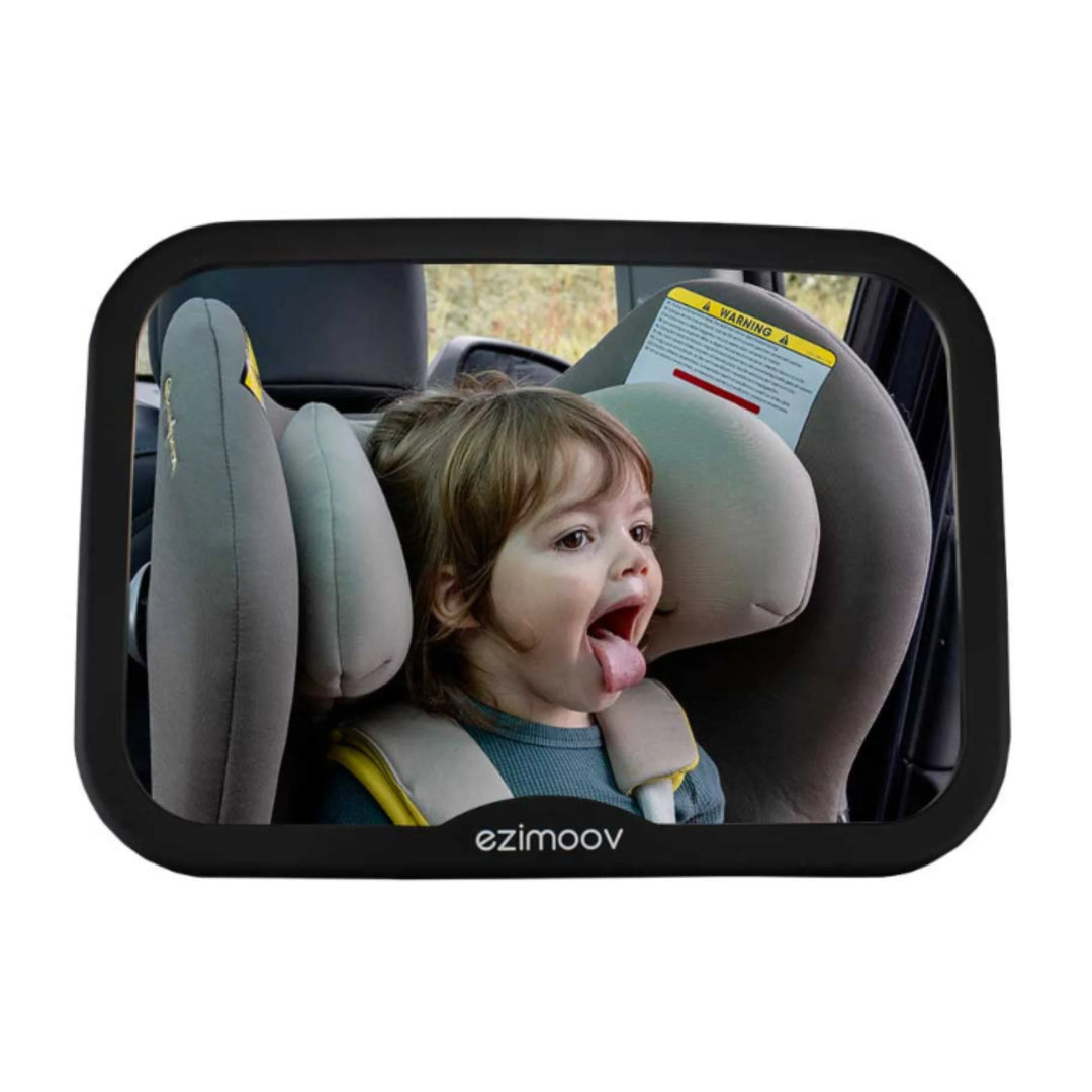 Ezimoov adjustable square back seat car mirror showing toddler in rear-facing car seat