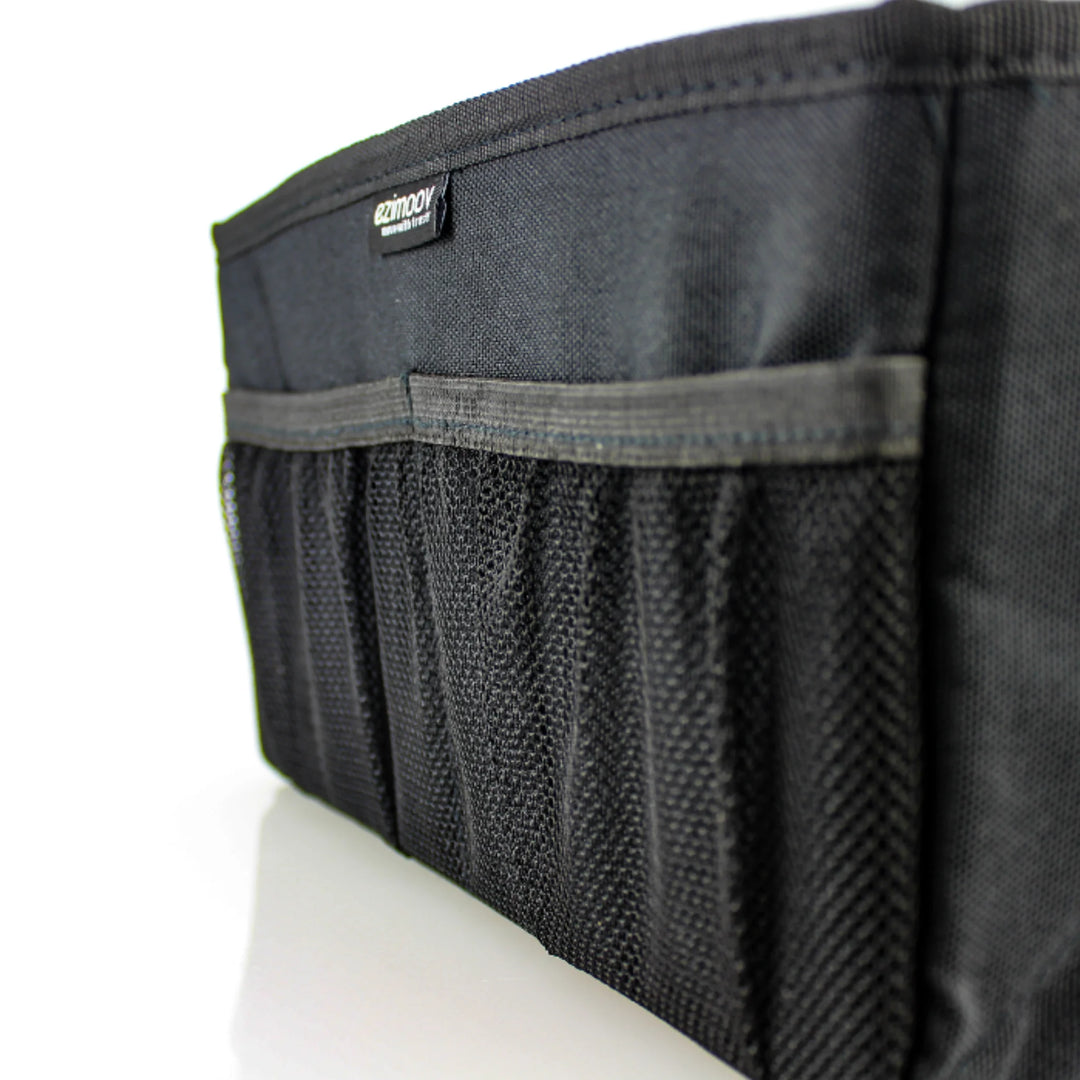 Ezimoov car storage organiser close-up showing elastic mesh side pockets