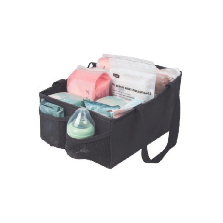 Ezimoov car storage and organiser filled with baby essentials, nappies and bottle on white background