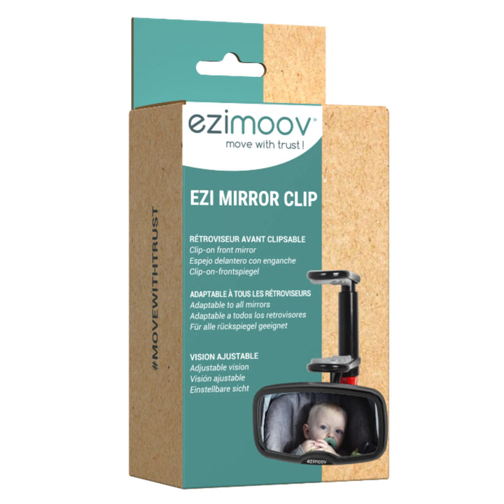 Ezimooov EZI Mirror Clip packaging showing clip-on rear-view baby car mirror; adjustable car seat mirror for parents to monitor infants; universal fit mirror displayed on eco-friendly branded box.