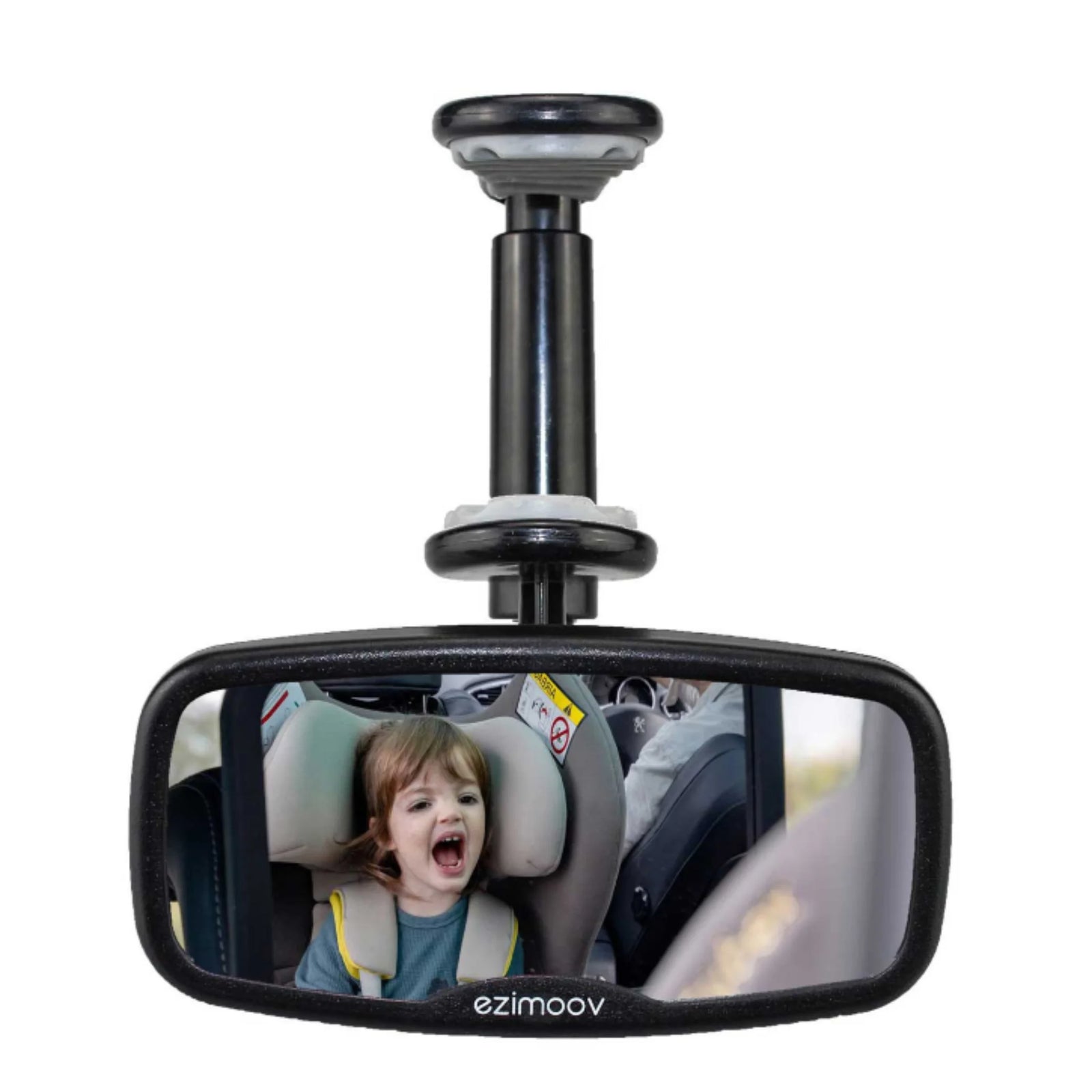 “Ezimooov clip-on rear-view mirror for cars showing a clear view of a child in a rear-facing car seat; adjustable baby car mirror for monitoring kids while driving.