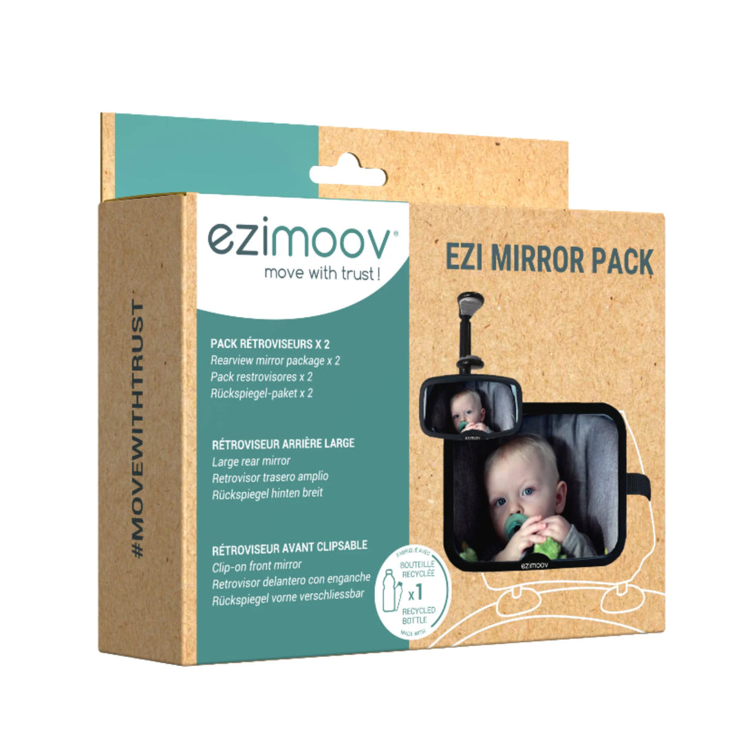 EziMoov EZI Mirror Pack packaging showing clip-on rear-view baby car mirror set, eco-friendly cardboard box with product images and safety features for monitoring babies in rear-facing car seats.