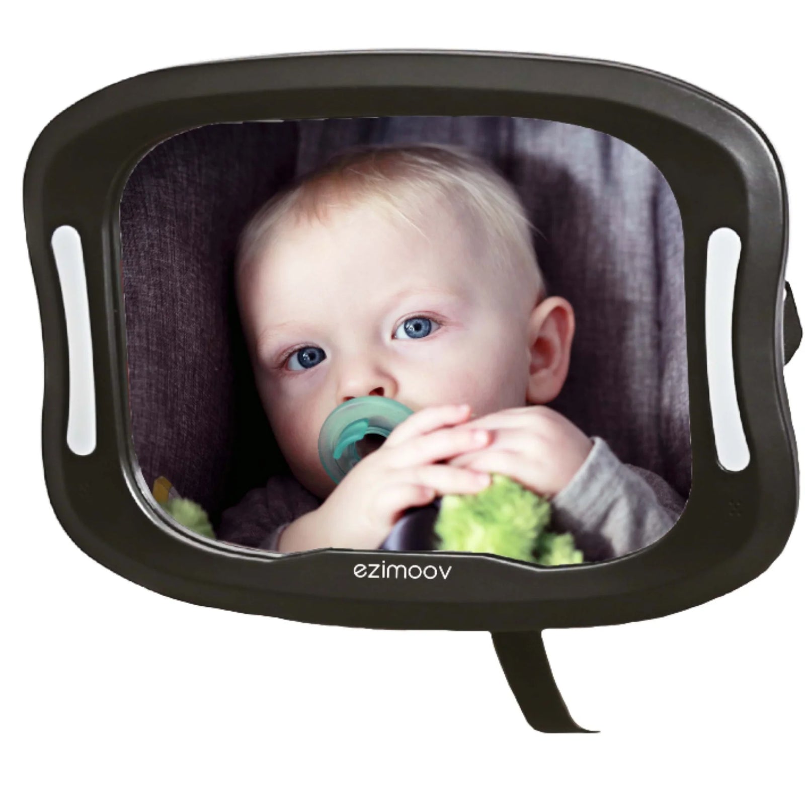 EziMoov LED baby car seat mirror showing a clear reflection of a rear-facing baby in a car seat, featuring integrated LED lights for improved visibility during day and night driving.