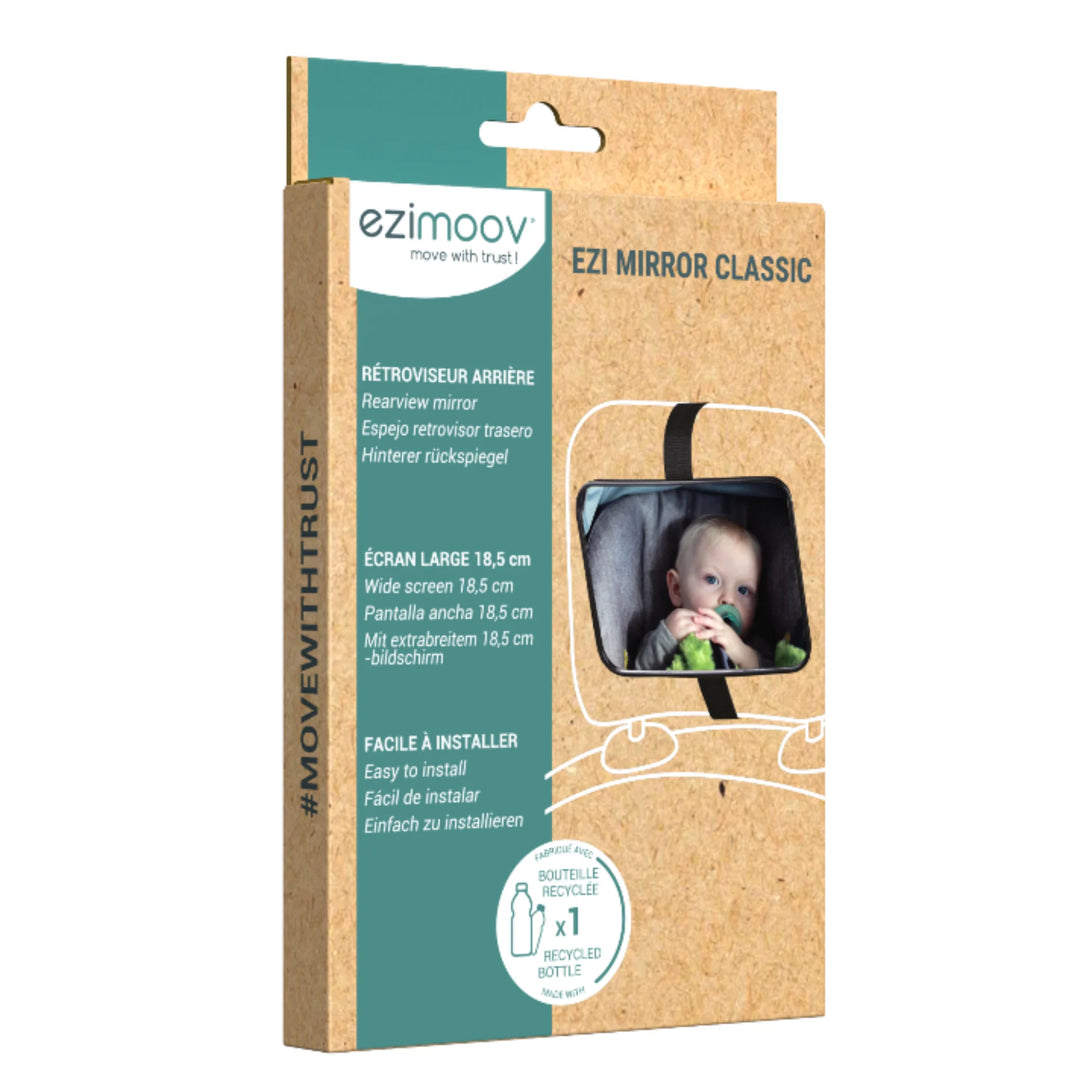 EziMoov EZI Mirror Classic rear-facing baby car seat mirror packaging, featuring eco-friendly recycled materials, wide 18.5 cm screen description, and product image showing a baby reflected in the safety mirror.