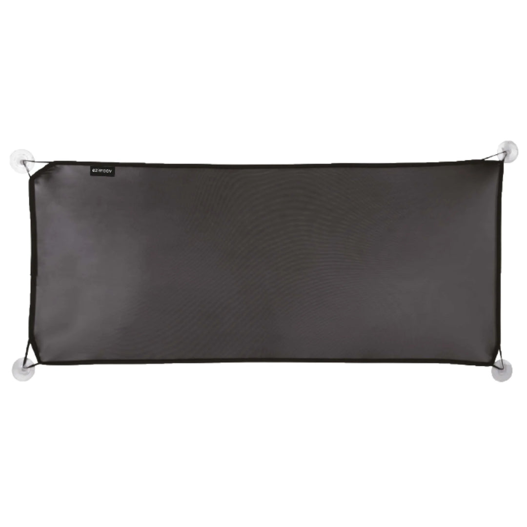 EziMoov rear windscreen sunshade with four suction cups, wide rectangular UV-blocking car sun shade designed to protect babies and passengers from sunlight and heat.