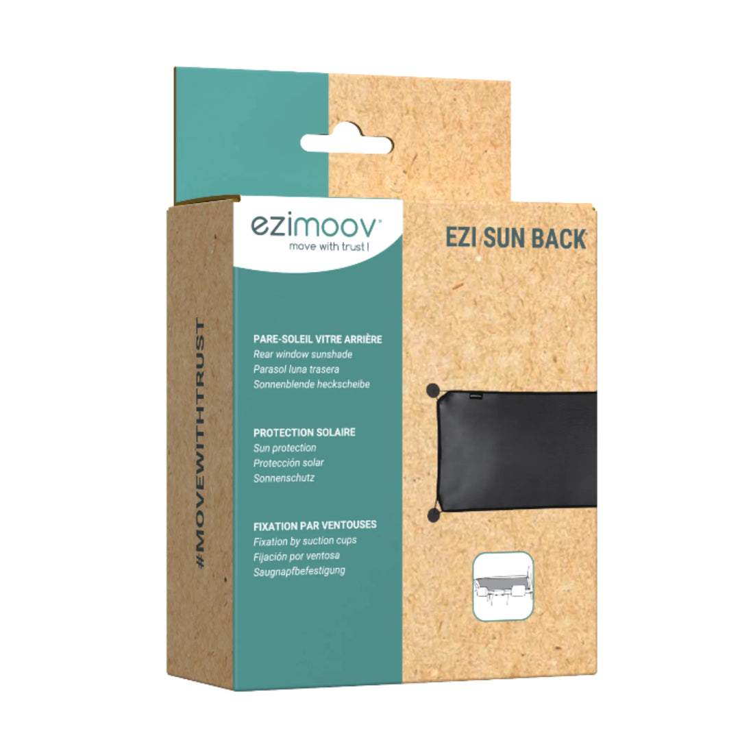 EziMoov EZI Sun Back rear windscreen sunshade packaging, showing eco-friendly box design with product features including UV sun protection and suction-cup installation, plus preview of the wide rear window sunshade.