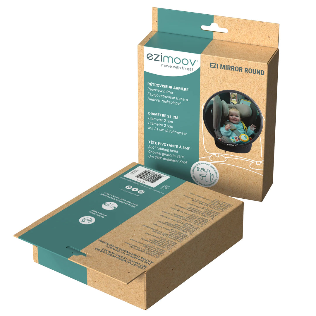 This image is of the packaging of the Ezimoov Round Car Seat Mirror